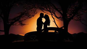 romantisch Paar küssen unter Mondlicht mit ein voll Mond Silhouette im das Hintergrund foto