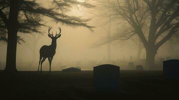 nebelig Morgen Silhouette von ein Hirsch im Friedhof foto