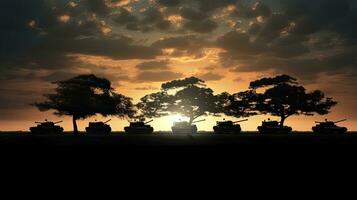 Feld mit Baum Panzer Silhouetten foto