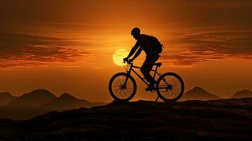 Sonnenuntergang Silhouette von ein Mann Radfahren auf ein Berg Fahrrad foto