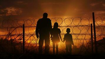 silhouettiert Flüchtlinge Kinder Wachen und Zaun gegen Abend Stadt Hintergrund foto
