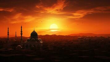 im irbid Jordan ein schön Sonnenuntergang setzt hinter das Moschee. Silhouette Konzept foto