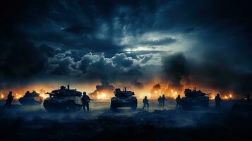 Schlacht Szene beim Nacht mit Deutsche Panzer und gepanzert Fahrzeuge Kampf unter ein wolkig Himmel Silhouette mit Krieg Nebel foto