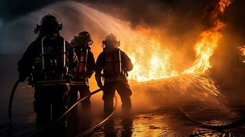 Feuerwehrleute mit hoch Druck Wasser zu Schlacht ein Feuer das Fachmann Feuerwehrmänner Ausbildung zum Notfälle beruflich Ausbildung zum Feuerwehrmann s Sicherheit. Silhouette Konzept foto