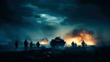 silhouettiert Soldaten im ein nebelig Himmel unten ein wolkig Horizont beim Nacht beschäftigt, verlobt im Schlacht gepanzert Fahrzeuge inbegriffen foto