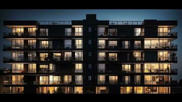 zeitgenössisch Nachtzeit die Architektur mit Uniform Fenster und Balkone im ein Wohn oder Hotel Gebäude. Silhouette Konzept foto