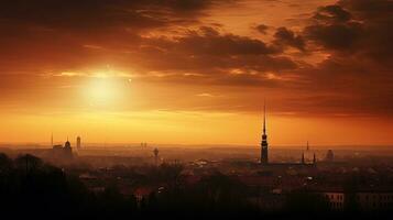 Herbst Sonnenuntergang im vilnius mit dunkel Sehenswürdigkeiten und das Fernseher Turm in der Nähe von das Horizont gefangen mit selektiv Fokus. Silhouette Konzept foto