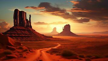 Sommer- Sonnenaufgang im Monument Senke Arizona. Silhouette Konzept foto