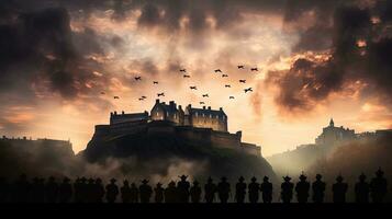 das Waffenstillstand Gedenkfeier beim Edinburgh Schloss. Silhouette Konzept foto