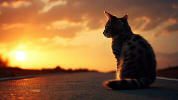 süß Katze auf Straße mit Sonnenuntergang Hintergrund suchen beim wunderbar Sonnenuntergang. Silhouette Konzept foto