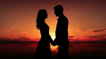 Paar halten Hände gegenüber jeder andere beim Sonnenuntergang. Silhouette Konzept foto