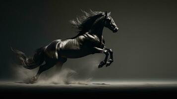 schnell galoppierend schwarz und Weiß Pferd Gießen Schatten während Kunst minimalistisch. Silhouette Konzept foto