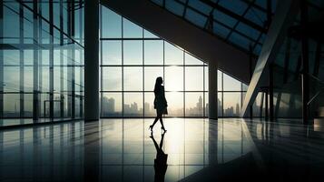 silhouettiert jung Frau Gehen im Büro Gebäude foto