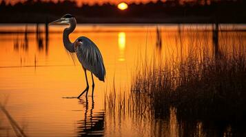 Blau Reiher Silhouette fotografiert beim das Maryland schwarzes Wasser Tierwelt Zuflucht beim Sonnenuntergang foto
