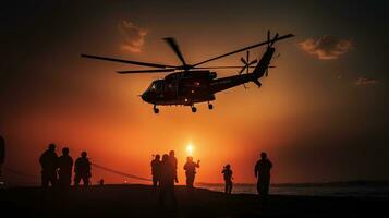 Luftwaffe Vitrinen Rettung Demonstrationen während bulgarisch Luft Show Rettungsschwimmer auf Hubschrauber mit Bahre bereit zu absteigen. Silhouette Konzept foto