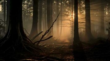 rätselhaft Wald beim Dämmerung. Silhouette Konzept foto