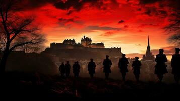 das Waffenstillstand Gedenkfeier beim Edinburgh Schloss. Silhouette Konzept foto