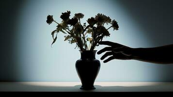 ein Hand s Schatten sucht Vase Blumen. Silhouette Konzept foto