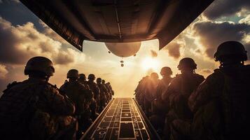 Heer Soldaten und Fallschirmjäger absteigend von ein Luft Macht c 130 während ein in der Luft Betrieb. Silhouette Konzept foto