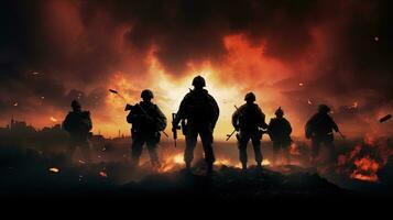 ein Bild von Soldaten im Schlacht inmitten Explosionen und Rauch. Silhouette Konzept foto