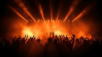Menge beim ein Konzert klatscht während Musiker ausführen auf der Bühne beleuchtet durch Scheinwerfer mit Tanzen Personen. Silhouette Konzept foto