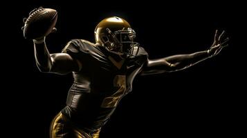 amerikanisch Fußball Spieler wirft bestehen golden Silhouette taucht auf foto