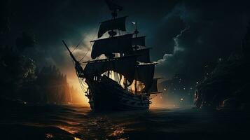 Silhouette von Pirat Schiff beim Nacht mit mysteriös Meer Licht foto