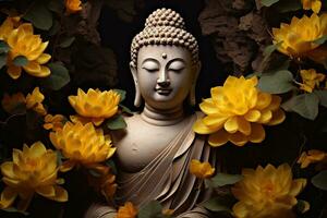 ein golden Buddha Statue umgeben durch Blumen ai generiert foto