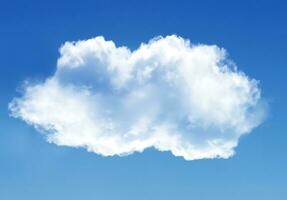 Single Wolke isoliert Über Blau Himmel Hintergrund. Weiß flauschige Wolke Foto, schön Wolke Form. Klima Konzept foto