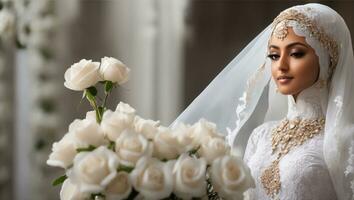 ein schön Hijab Braut im ein Hochzeit Kleid mit Weiß Rosen foto