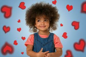 Kindheit und Menschen Konzeptporträt von lächelnd afrikanisch amerikanisch wenig Mädchen, Über farbig Hintergrund mit Herzen foto