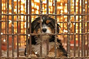 süß wenig Hund im Käfig auf Licht Hintergrund. Tier Missbrauch Konzept. ai generativ foto