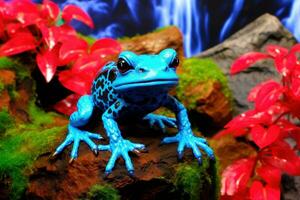 Blau Frosch auf Grün Moos mit verschwommen Rosa Blume Hintergrund, schließen hoch. ai generativ foto