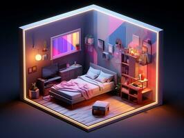 Low-Poly isometrisch ästhetisch Schlafzimmer, klein 3d Zimmer mit rgb Beleuchtung generativ ai foto