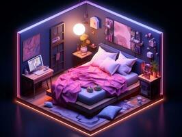 Low-Poly isometrisch ästhetisch Schlafzimmer, klein 3d Zimmer mit rgb Beleuchtung generativ ai foto