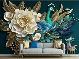 3d modern Innere Mauer Kunst Dekor mit Weiss, dunkel Grün, und golden tropisch Palme Blatt Geäst und Blumen mit Gefieder Pfau Vogel Illustration Hintergrund generativ ai foto