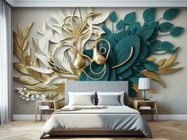 3d modern Innere Mauer Kunst Dekor mit Weiss, dunkel Grün, und golden tropisch Palme Blatt Geäst und Blumen mit Gefieder Pfau Vogel Illustration Hintergrund generativ ai foto