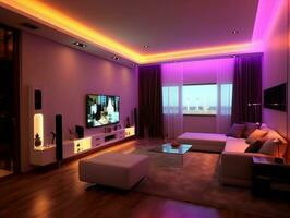 modern Clever Leben Zimmer mit Mehrfarbig LED Licht generativ ai foto