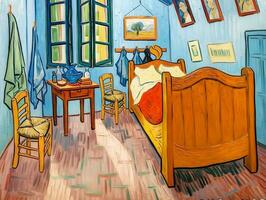 ein gemütlich einfach Öl Farbe Schlafzimmer Szene gefüllt mit rustikal Möbel generativ ai foto