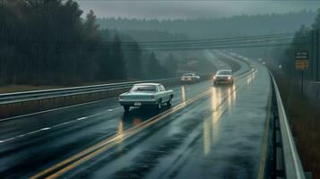 Auto Fahren auf ein Autobahn im das Regen. Bewegung verwischen Wirkung. foto