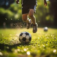 Kind spielen Fußball auf das Feld. wenig Junge treten ein Fußball Ball. foto