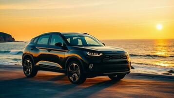 ein markenlos generisch suv Auto auf das Strand beim Sonnenuntergang foto