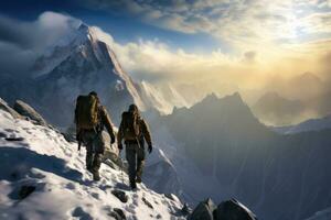 zwei Kletterer steigen das Gipfel von ein Schnee bedeckt Berg. generativ ai foto