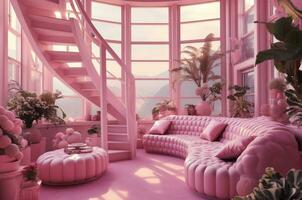 Barbiecore. Rosa Innere. Rosa Möbel. Haus auf das Meer. generativ ai foto