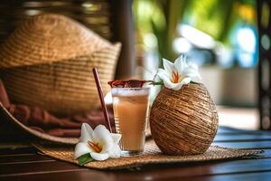 kostenlos Foto Kokosnuss Cocktail dekoriert Plumeria, Stroh Hut und Sonnenbrille auf das Tabelle Fotografie ai generieren