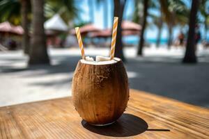 kostenlos Foto Kokosnuss Cocktail mit Trinken Stroh auf ein Palme Baum im das Strand Fotografie ai generieren