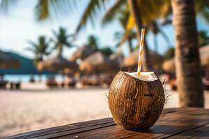 kostenlos Foto Kokosnuss Cocktail mit Trinken Stroh auf ein Palme Baum im das Strand Fotografie ai generieren