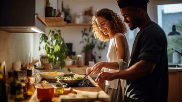 schwarz Mann und Chinesisch Frau Kochen Frühstück zusammen. foto