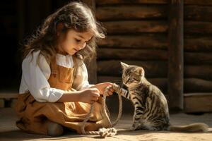 ein Mädchen hält ein Seil mit ein Bogen und ein Katze Theaterstücke mit ihr auf das Straße foto