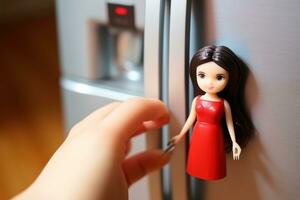 ein Mädchen im ein rot Kleid mit Stöcke ein Magnet zu das Kühlschrank. foto